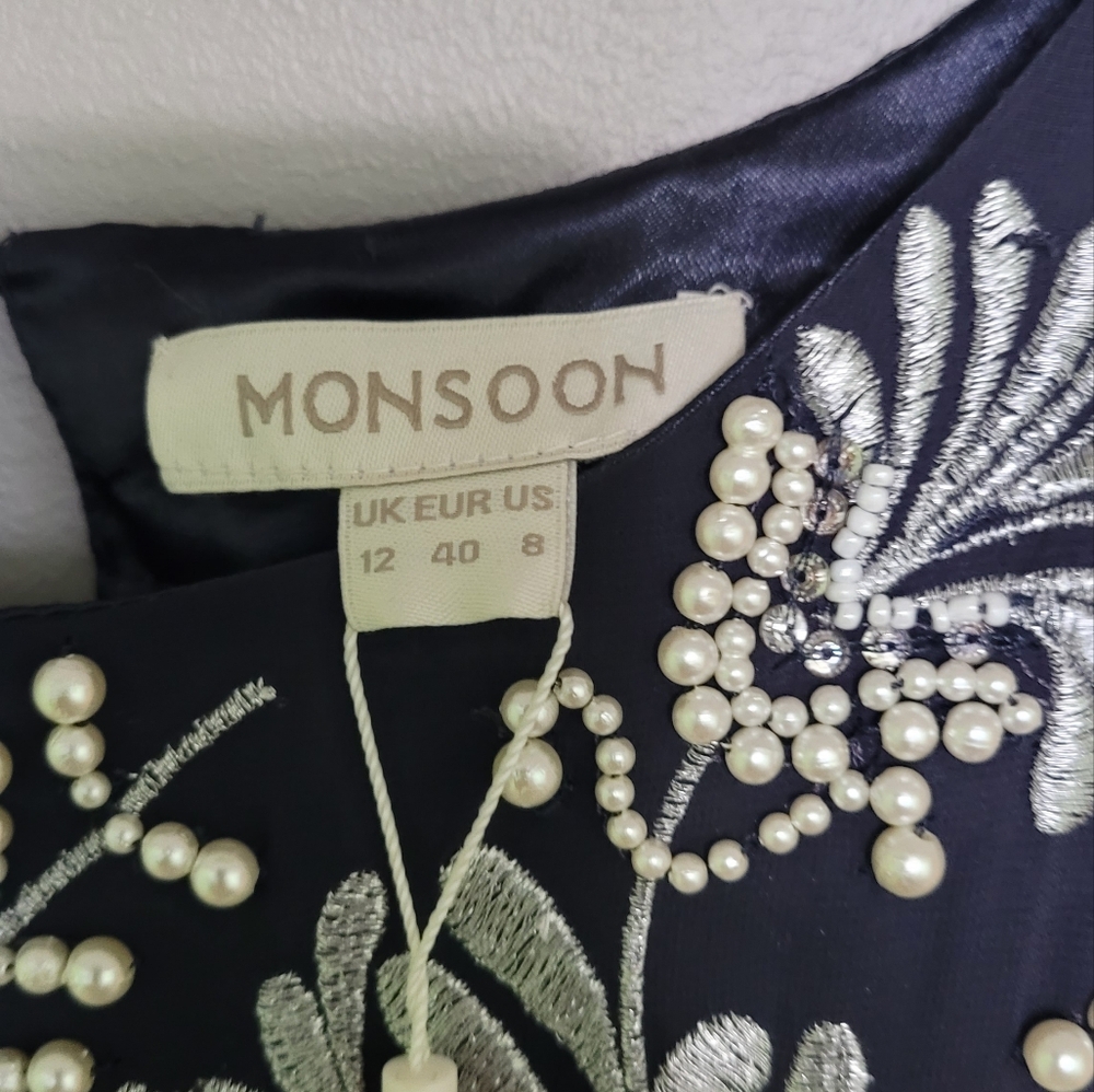 Monsoon Navy Midi Dress with White Floral Embroidery - Picture 7 of 9